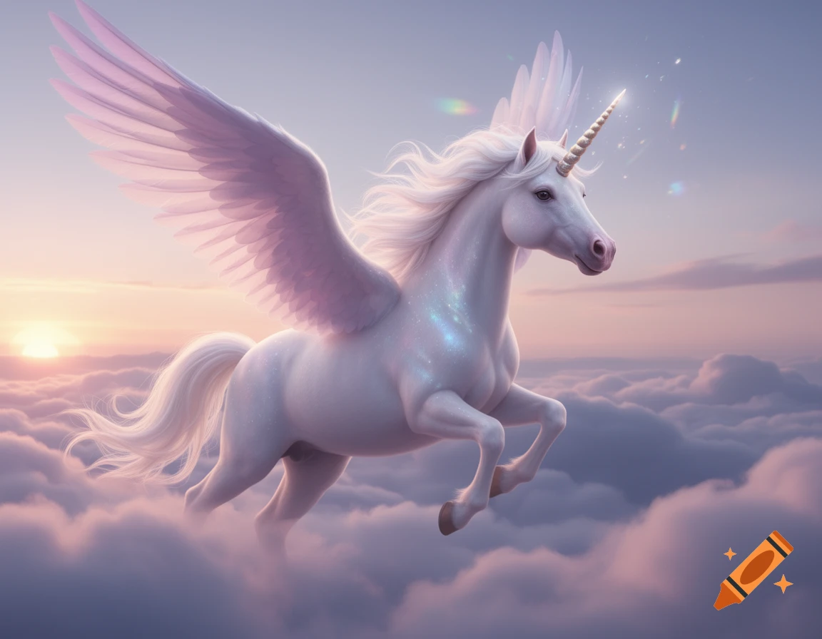 A beautiful white winged unicorn with a glowing horn flies majestically through pink and purple clouds at sunset.