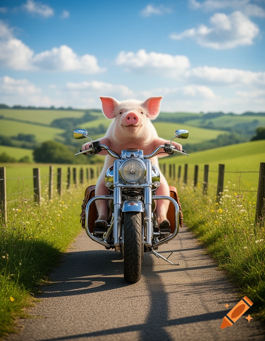A happy, photorealistic pig rides a chrome motorcycle down a paved country road through green hills on a sunny day.