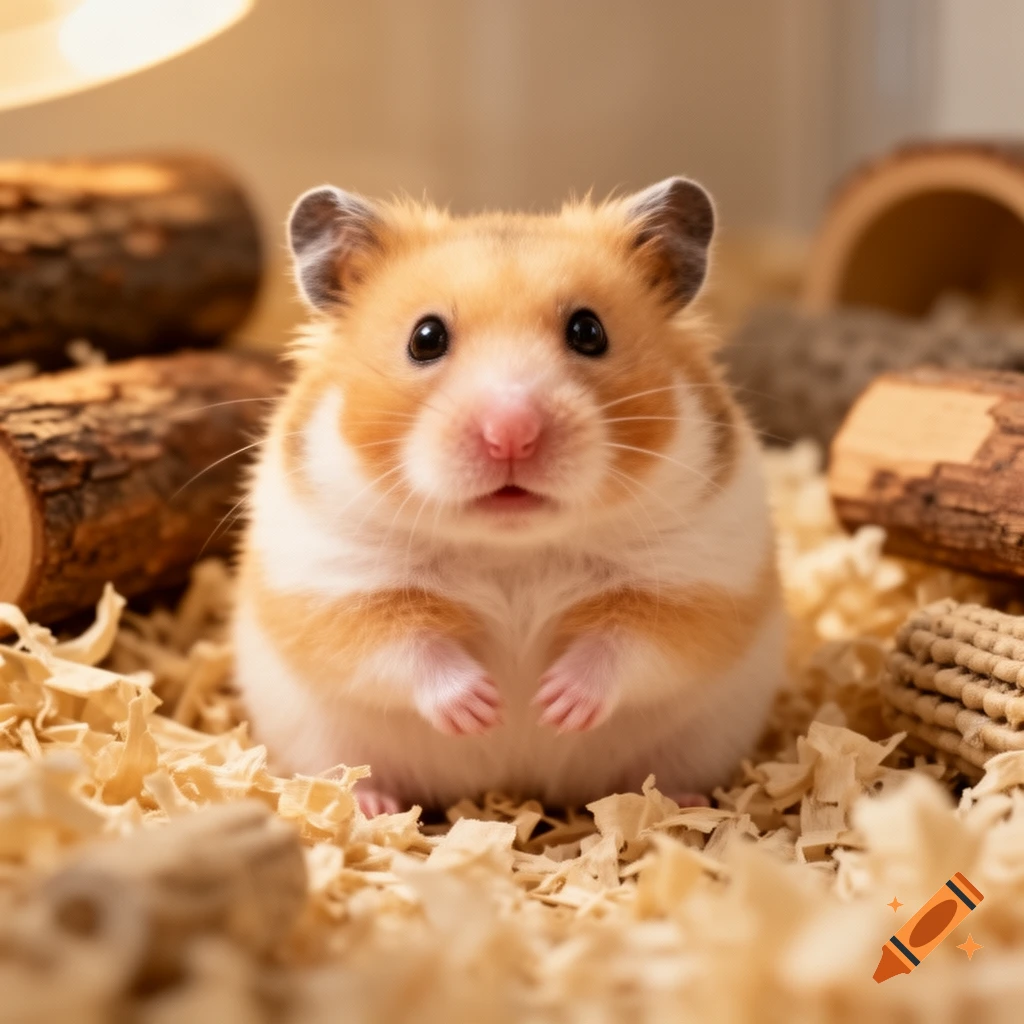 A fluffy orange and white hamster sits in wood shavings, looking at the viewer with wide eyes.