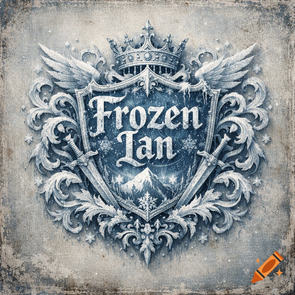 Intricate icy blue and white crest with a crown, wings, swords, snowflakes, and snowy mountains, featuring the text 'Frozen Ian'.