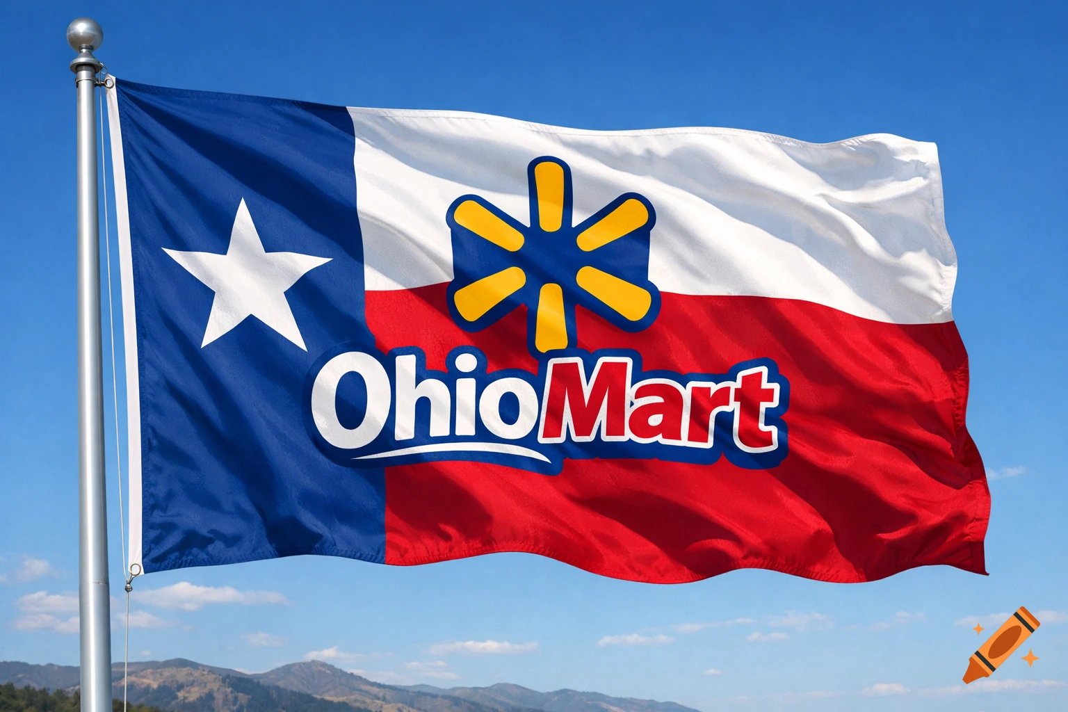 A flag featuring the blue field and white star of the Texas flag, with a yellow and blue starburst logo and "OhioMart" text in white and red on the white and red stripes, waving against a blue sky with mountains.