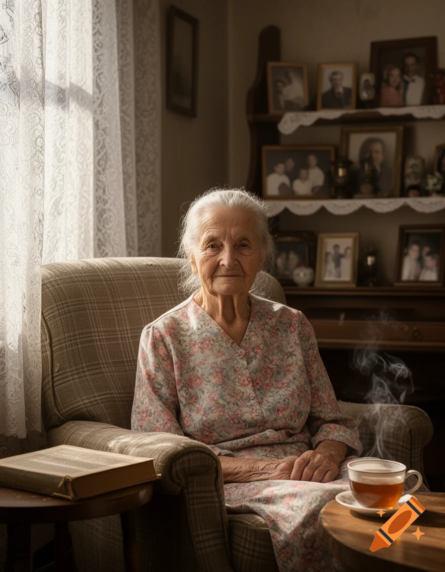An elderly woman with white hair sits in an armchair, drinking steaming tea in a cozy room with framed photos.