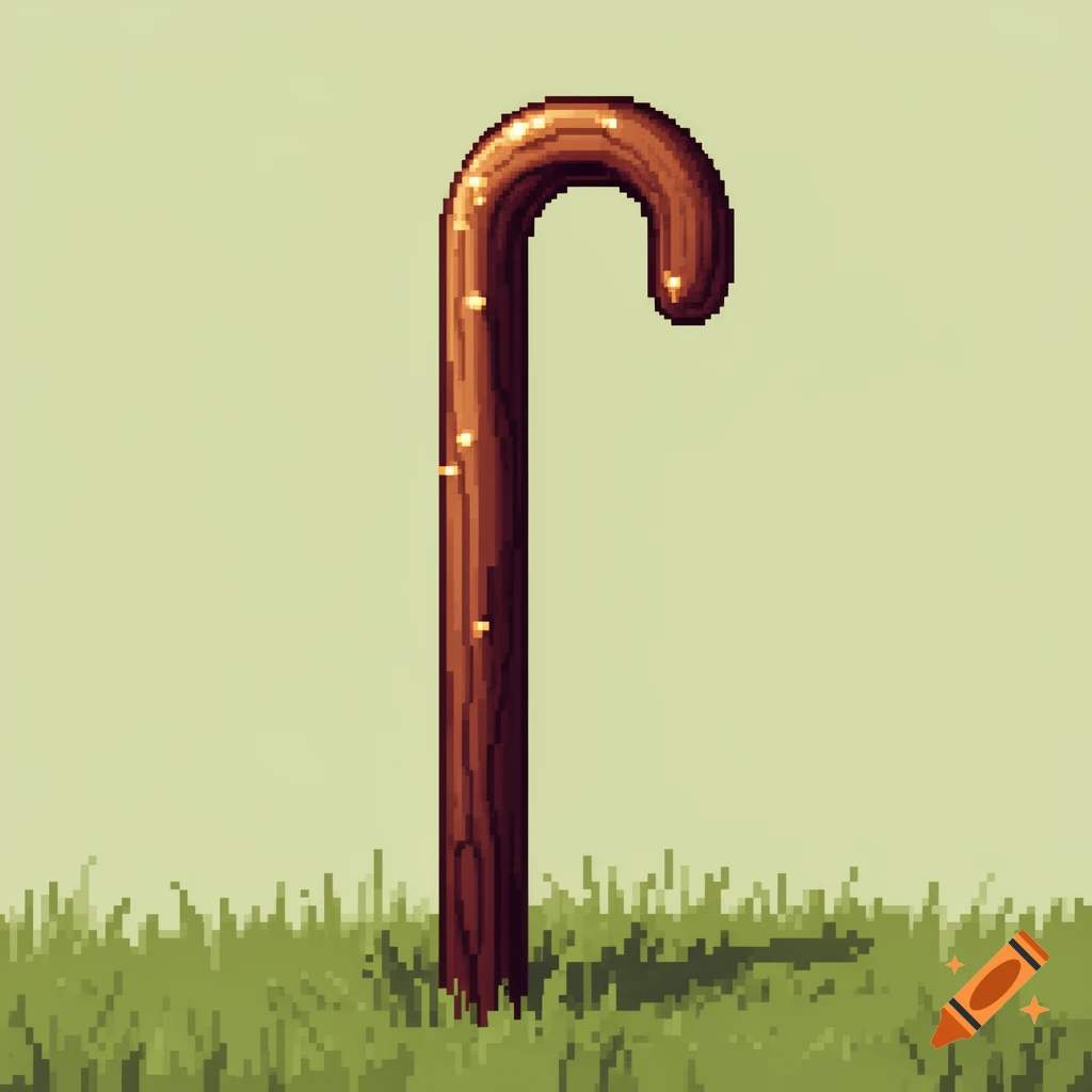 Pixel art of a wooden shepherd's crook standing in green grass.