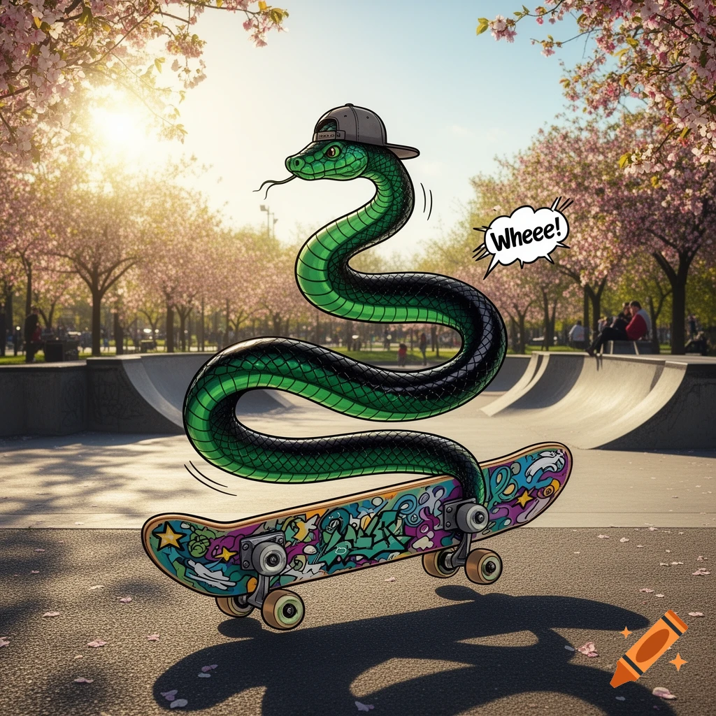 A cartoon green and black snake wearing a baseball cap rides a colorful skateboard in a sunny skatepark with cherry blossoms.