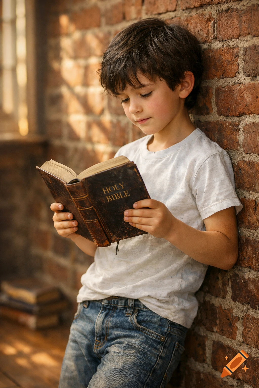 A young boy with dark hair leans against a brick wall, deeply engrossed in reading an old, open bible.