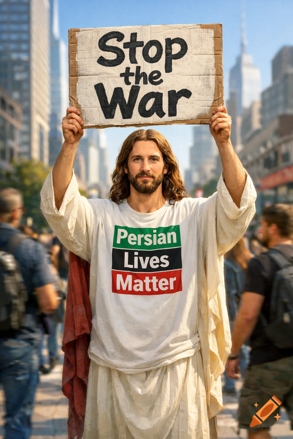 Photorealistic image of Jesus Christ holding a 'Stop the War' sign and wearing a 'Persian Lives Matter' t-shirt at a city protest.