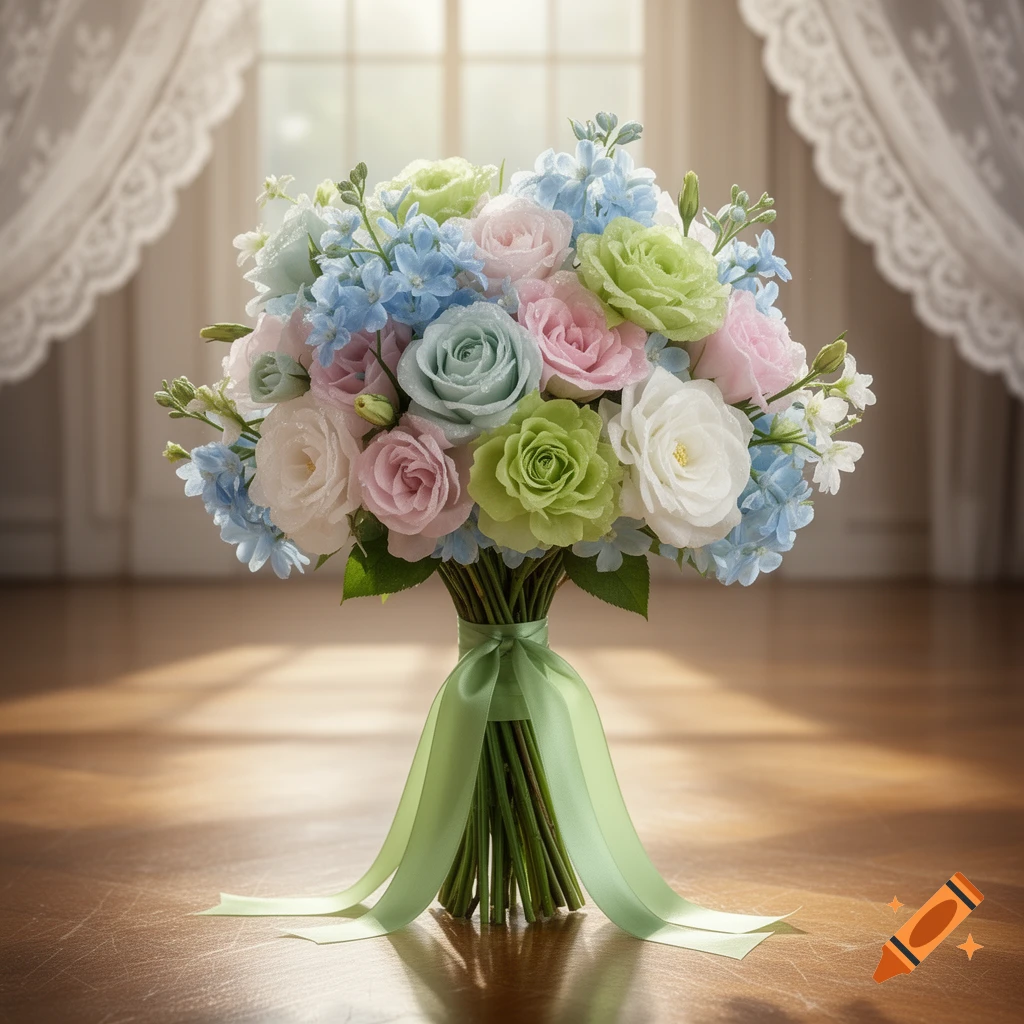A pastel wedding bouquet with light blue, pink, lime green, and white roses, tied with a green ribbon, on a wooden floor.