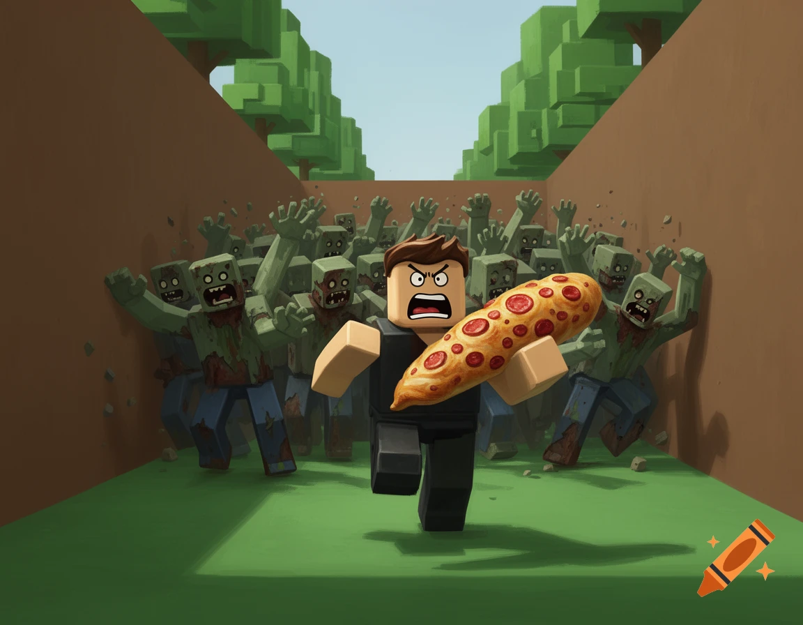 Roblox character with a pizza baguette runs from a horde of blocky zombies in a stylized outdoor setting with brown walls and green floor.