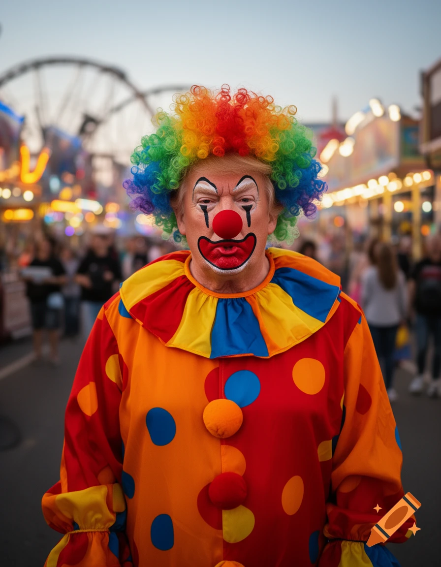 A man resembling Donald Trump in full clown makeup, rainbow wig, and colorful polka-dot costume stands at a fairground.