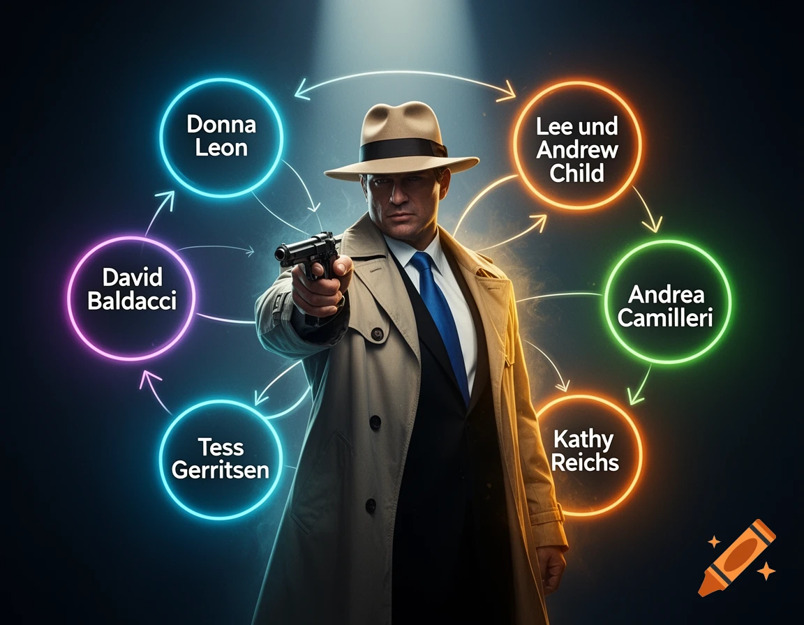 A man in a fedora and trench coat points a pistol, surrounded by neon circles with authors' names connected by glowing arrows.