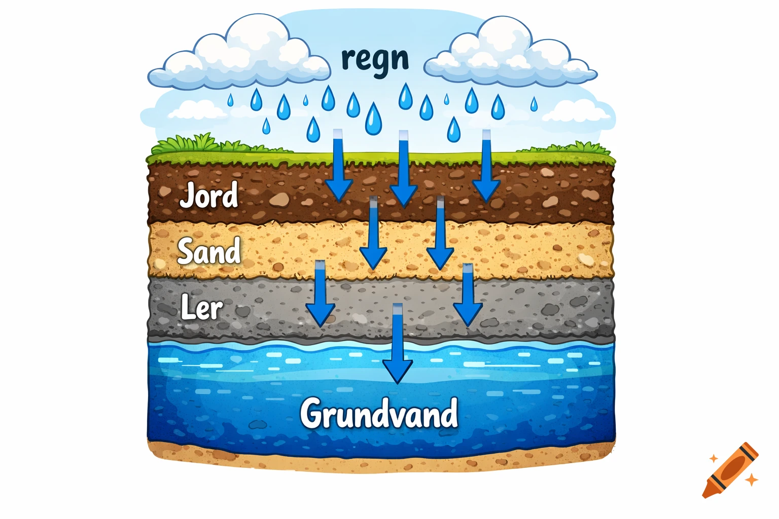 Colorful educational illustration showing rain falling, seeping through soil, sand, and clay layers to form groundwater.