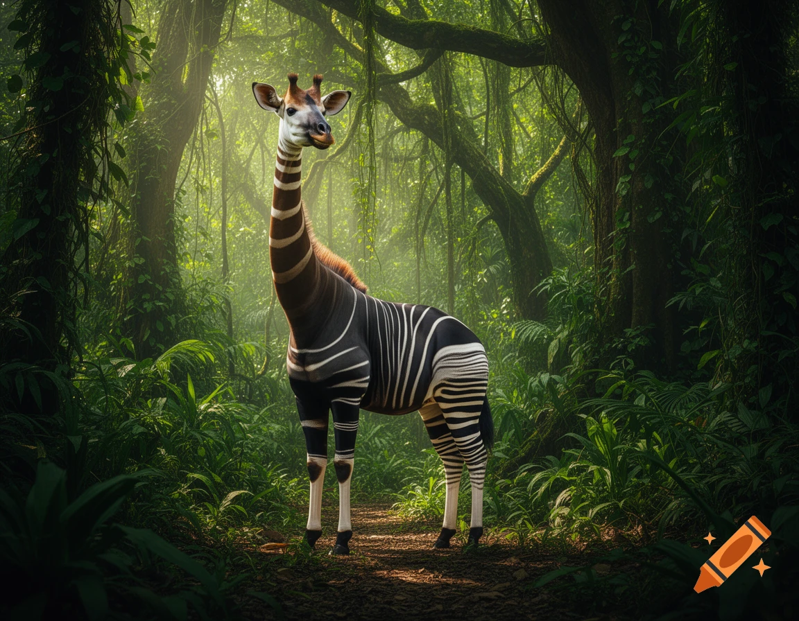 A photorealistic okapi-giraffe hybrid with a long, striped neck and zebra-like patterned legs stands on a jungle path.