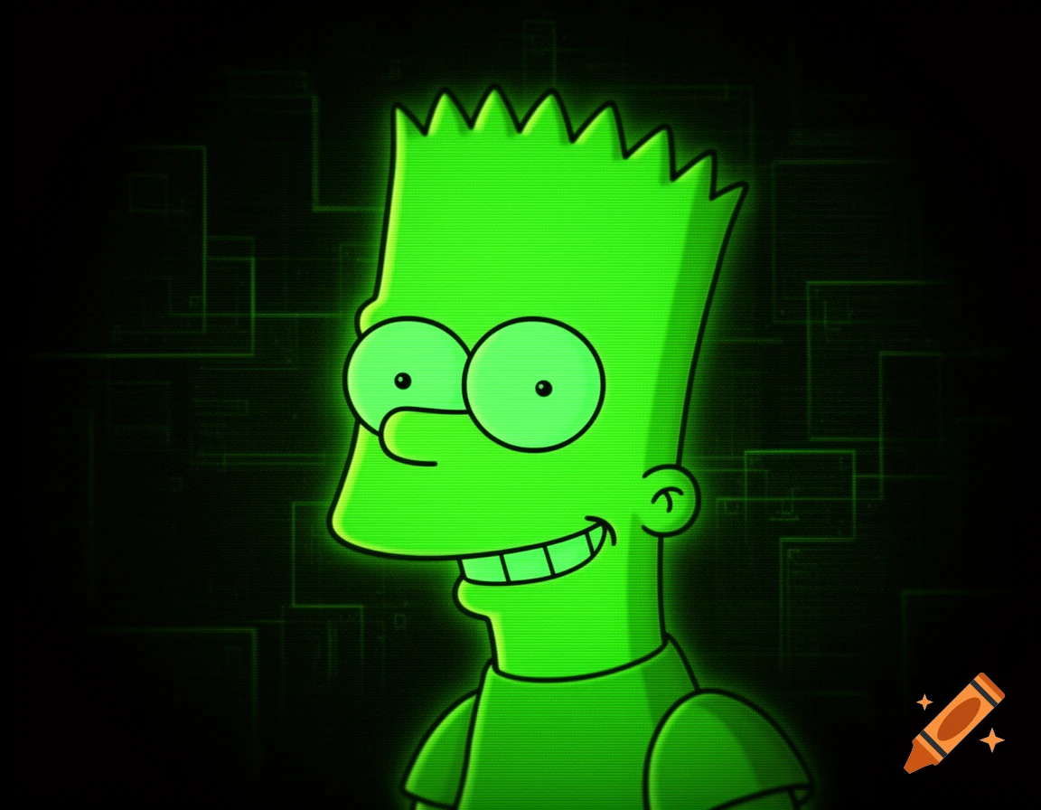 A neon green, glowing headshot of Bart Simpson against a dark background with subtle green circuit lines.
