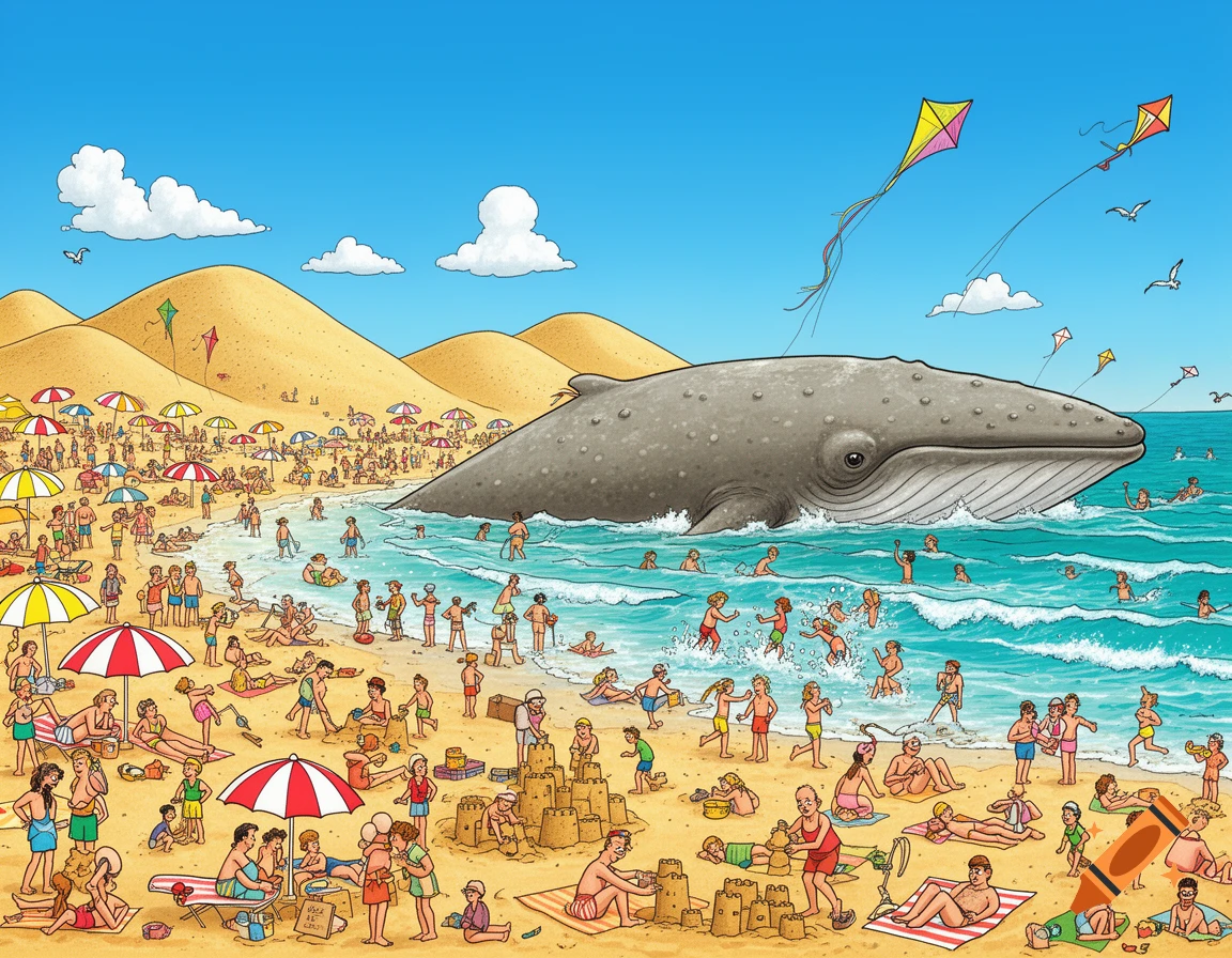 A vibrant cartoon illustration of a crowded beach scene with many people, sand dunes, and a giant whale in the ocean.