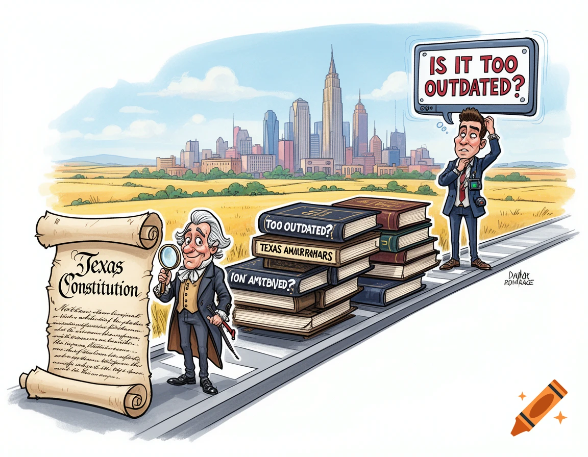 Cartoon: historical figure by 'Texas Constitution' scroll, modern man thinks 'IS IT TOO OUTDATED?' by book stack, city skyline background.