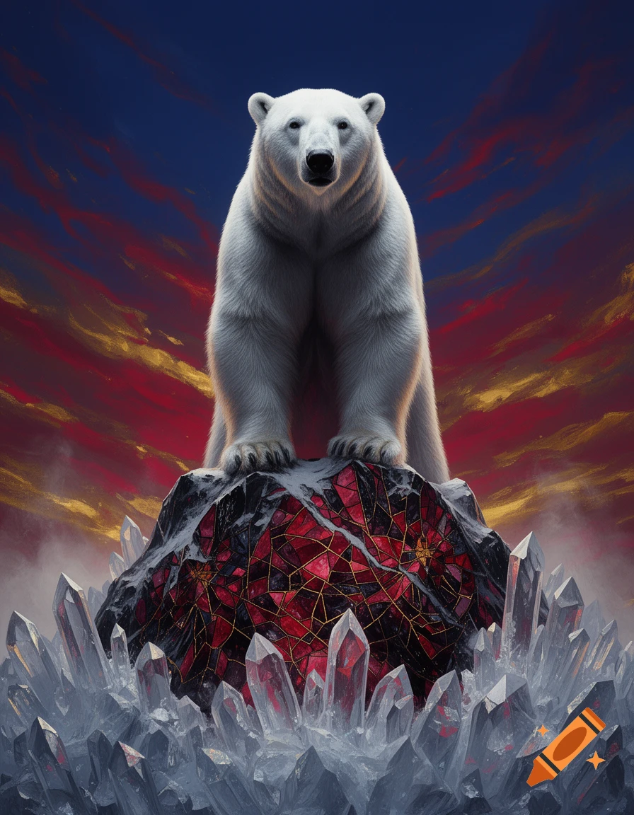 A majestic polar bear stands on a red crystalline rock surrounded by ice crystals, beneath a dramatic red and blue sky.