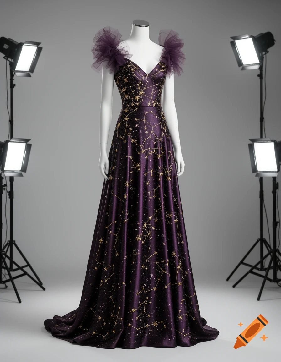 Dark purple and gold celestial evening dress on a mannequin in a studio setting with lights.