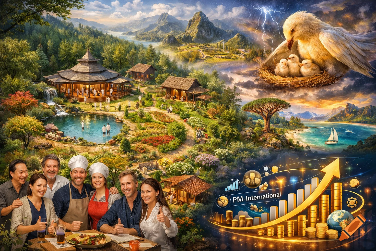 A detailed collage featuring a diverse group of people, an Asian-style retreat, a giant bird protecting chicks, and a business growth graphic.