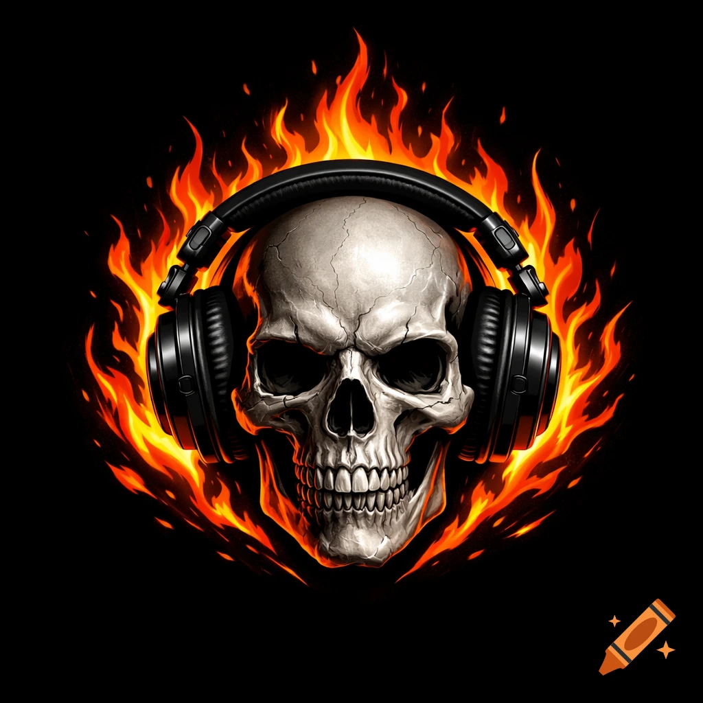A realistic skull wearing black DJ headphones, surrounded by orange and yellow flames against a dark background.
