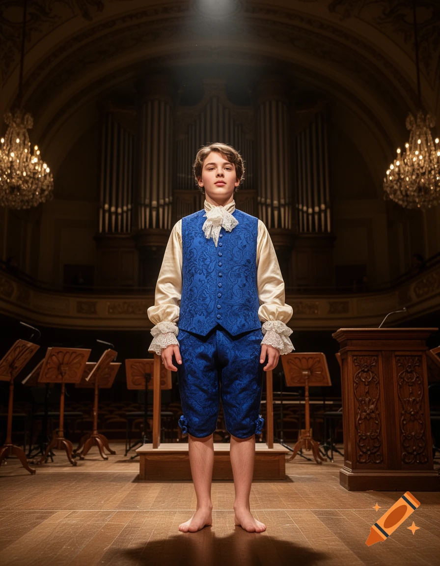 A young boy in a blue Baroque-style costume with a ruffled collar stands barefoot on a stage in a grand concert hall with an organ.