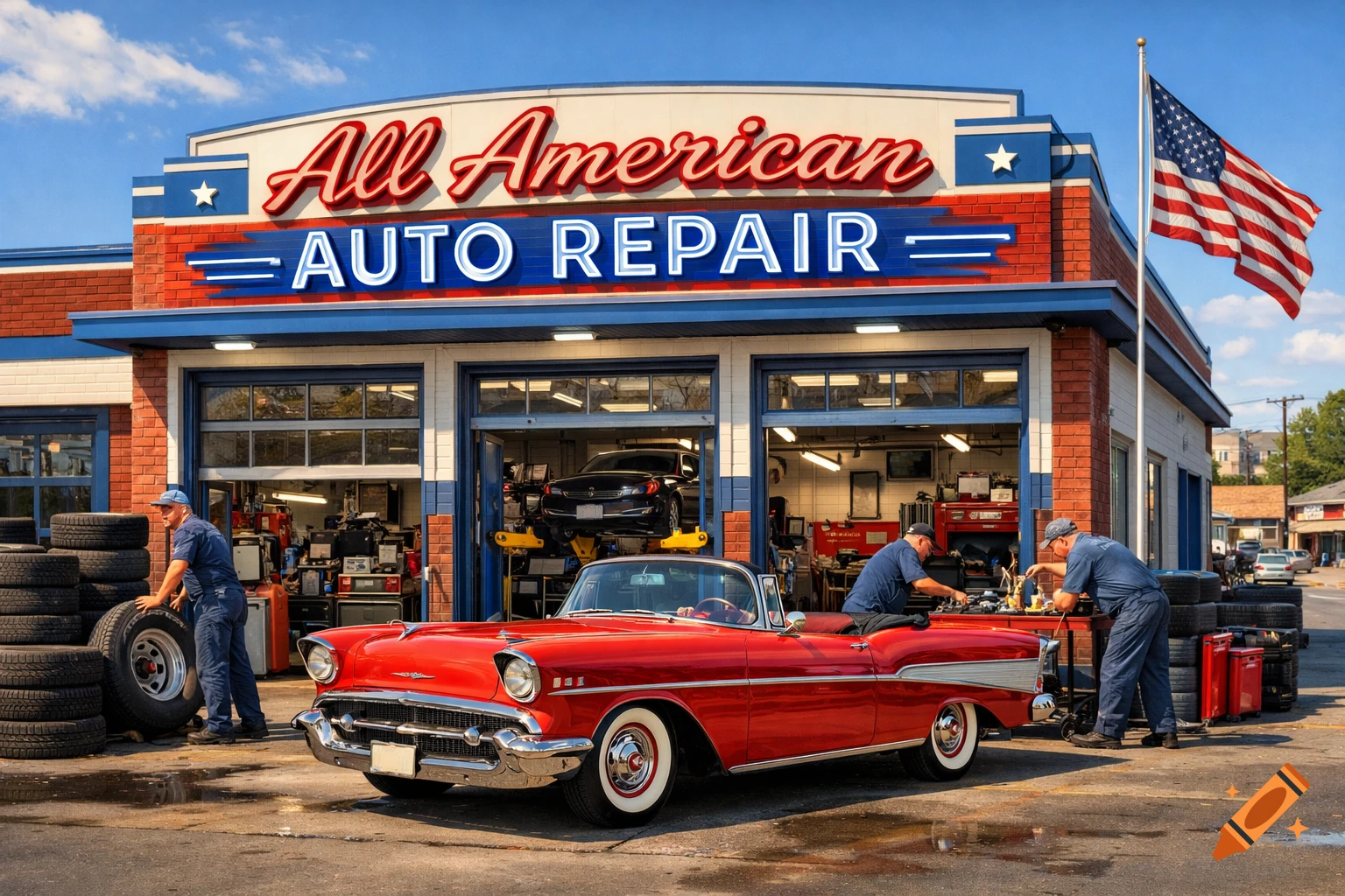 A busy "All American Auto Repair" shop with mechanics working on cars, including a red classic convertible, under a clear sky.