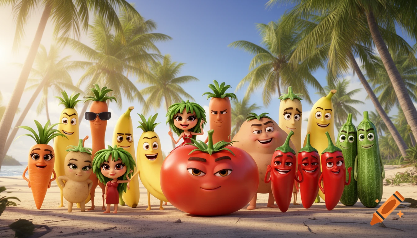 A group of diverse 3D cartoon anthropomorphic fruits and vegetables pose on a sunny tropical beach with palm trees.