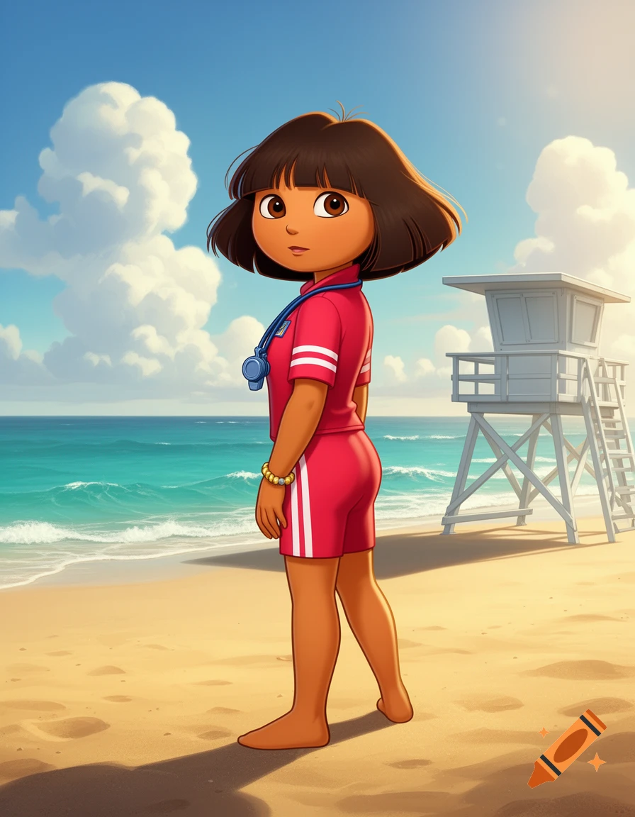 Dora the Explorer in a red lifeguard uniform on a sunny beach with an ocean and a lifeguard tower in the background, animated style.