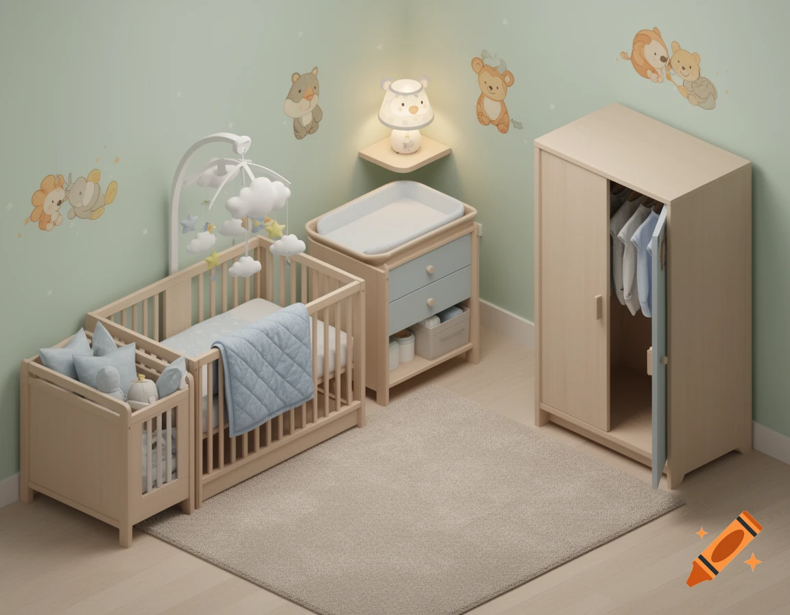 Isometric view of a light-colored baby nursery with a wooden crib, mobile, changing table, open wardrobe, and animal wall decals.