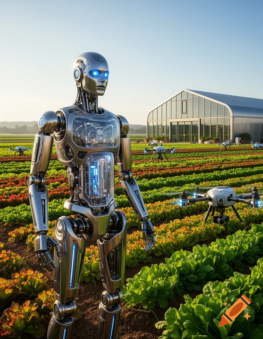 A sleek silver robot with glowing blue eyes stands in a field of green crops, surrounded by agricultural drones and a modern greenhouse under a clear sky.
