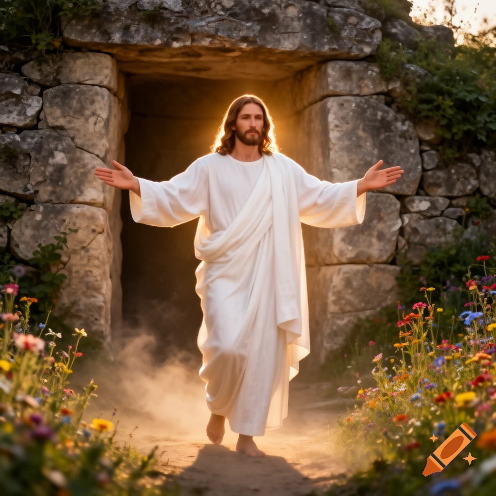 Jesus Christ emerges glowing from a stone tomb, arms outstretched, surrounded by colorful wildflowers and hazy light.