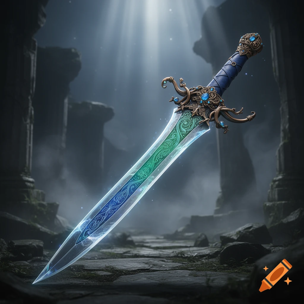 A glowing fantasy sword with an ornate blue and green blade and a gold hilt adorned with blue gems, set in misty ancient ruins.