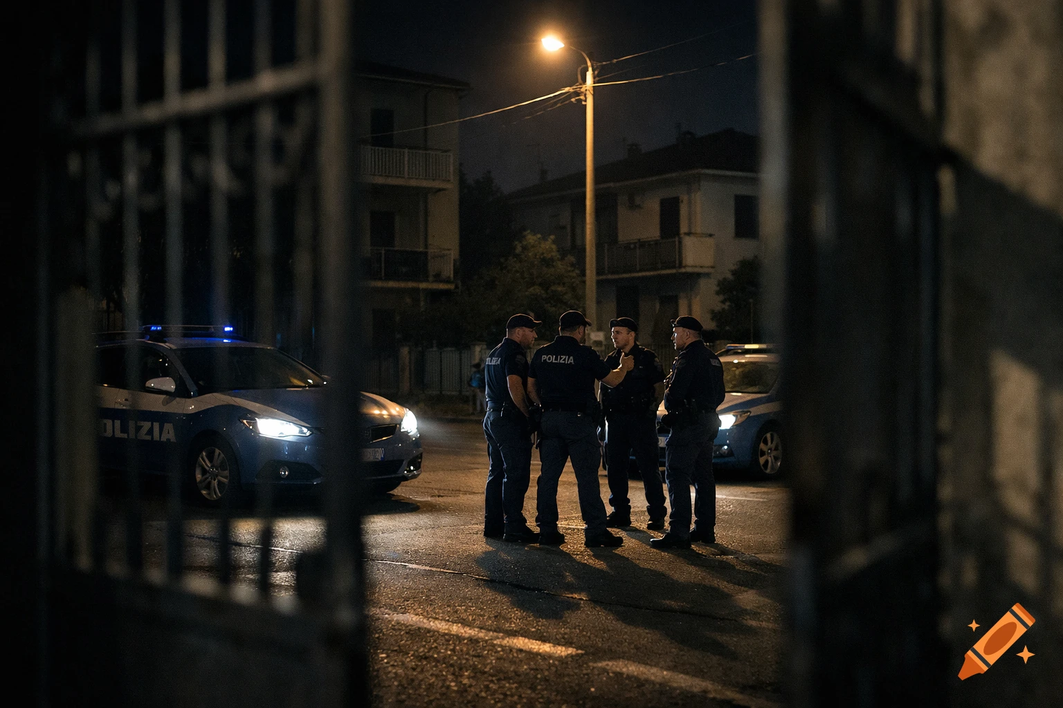 Four police officers and two police cars on a dark street at night, viewed through a metal gate, photorealistic.