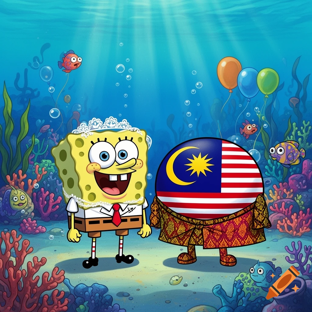 Spongebob in a crown next to a Malaysia Countryball in traditional attire, underwater with coral and fish.