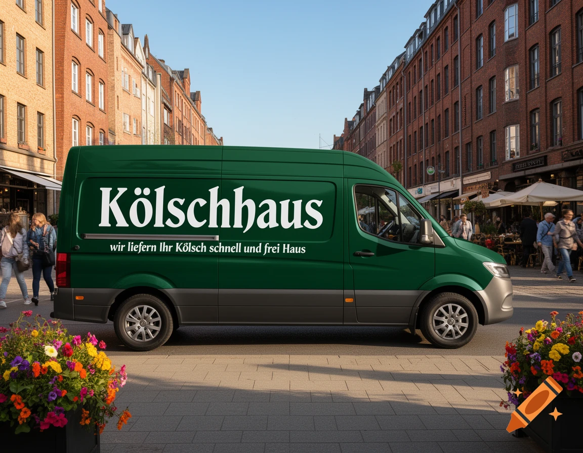 A photorealistic image of a green delivery van with "Kölschhaus wir liefern Ihr Kölsch schnell und frei Haus" on its side, parked on a city street with brick buildings and pedestrians.