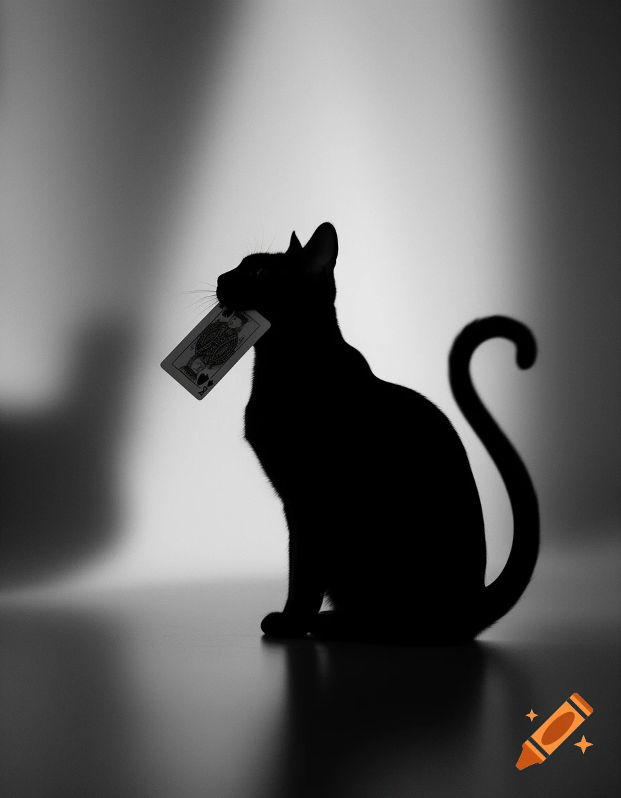 A black cat silhouette sits looking up, holding a king playing card in its mouth, against a soft gray background.