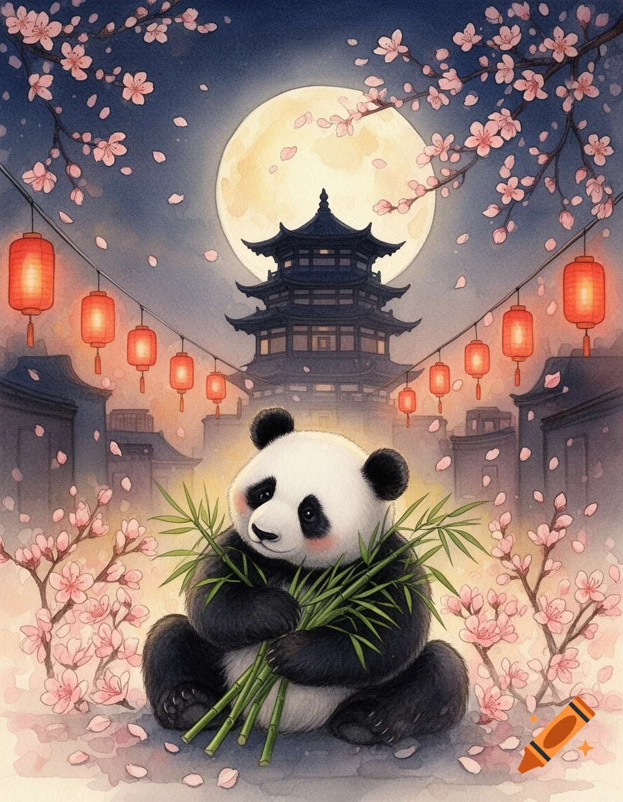 Watercolor of a cute giant panda sitting with bamboo under a full moon, with cherry blossoms, red lanterns, and a pagoda silhouette at night.