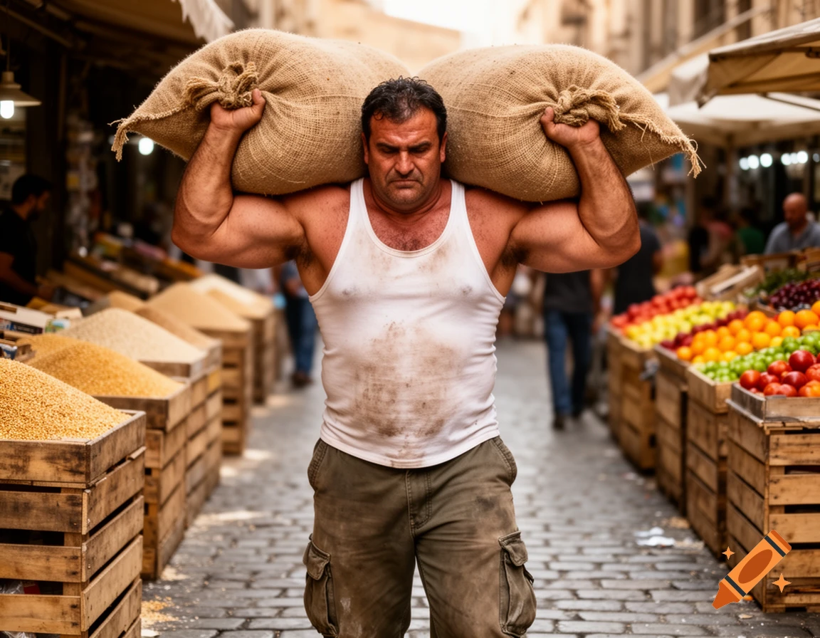 A strong man with a white tank top carries two heavy burlap sacks on his shoulders through a bustling outdoor market with stalls of produce and grains.