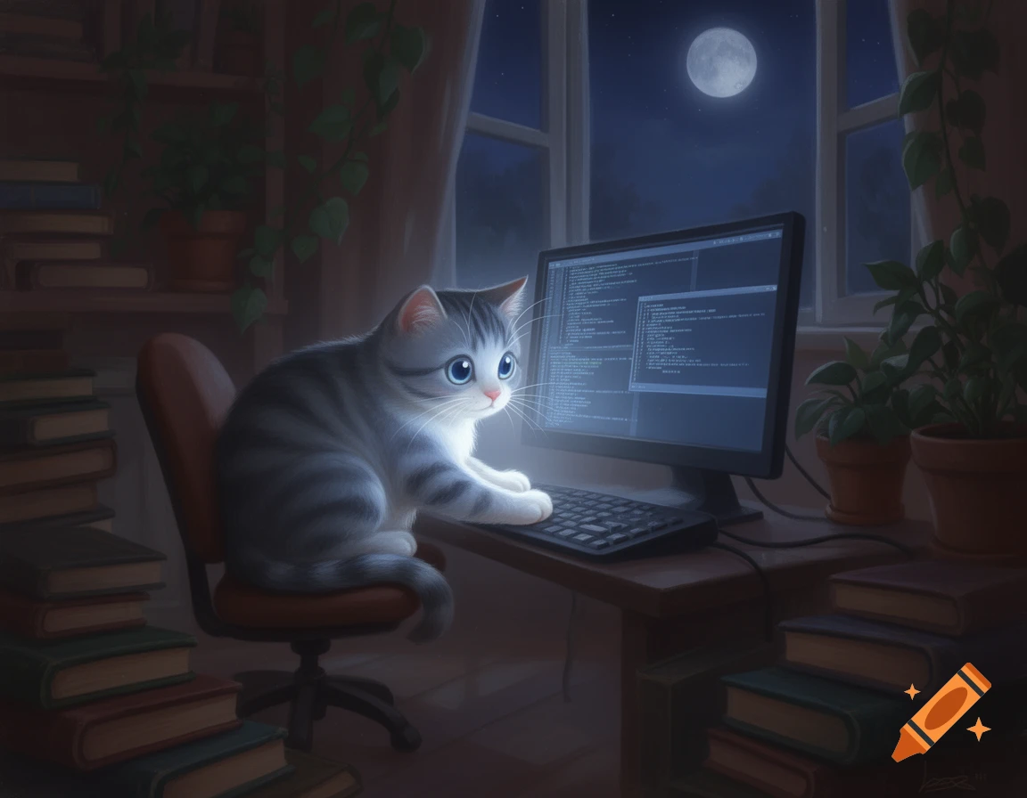 A cute striped cat sits on a chair, paws on a keyboard, illuminated by a computer screen at night. Books and plants surround it.