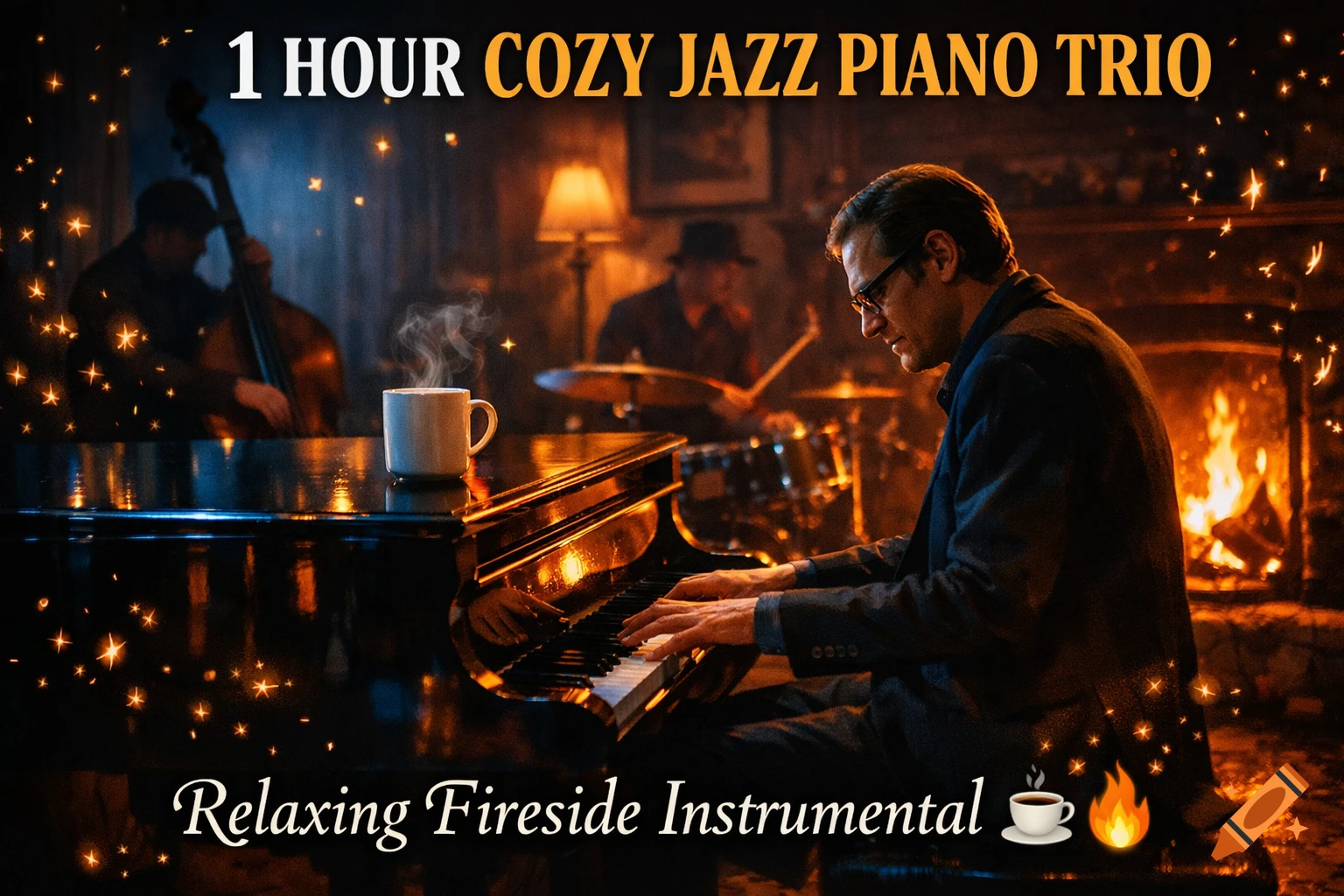 A cozy jazz piano trio performs in a dimly lit room with a fireplace, a steaming coffee mug, and sparkling effects.