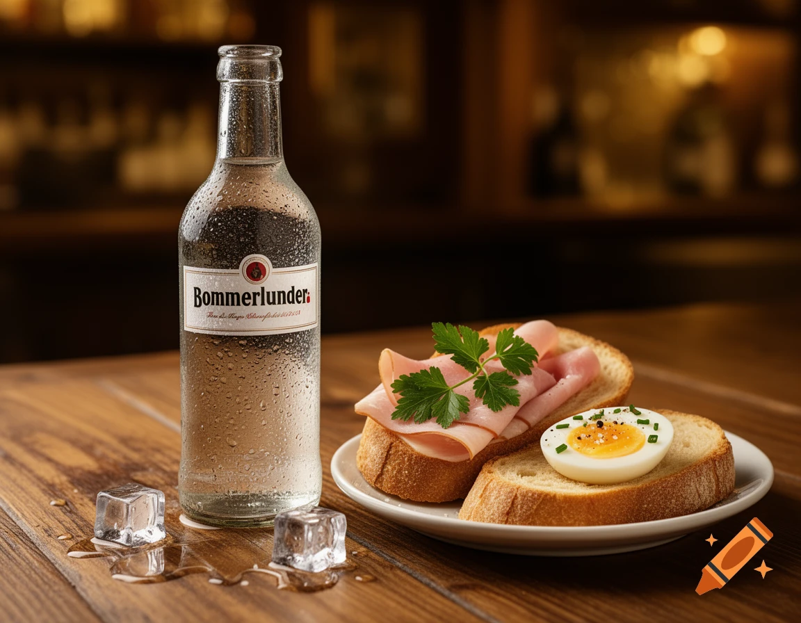 A chilled Bommerlunder bottle with melting ice, and two open-faced sandwiches (ham and egg) on a wooden table.