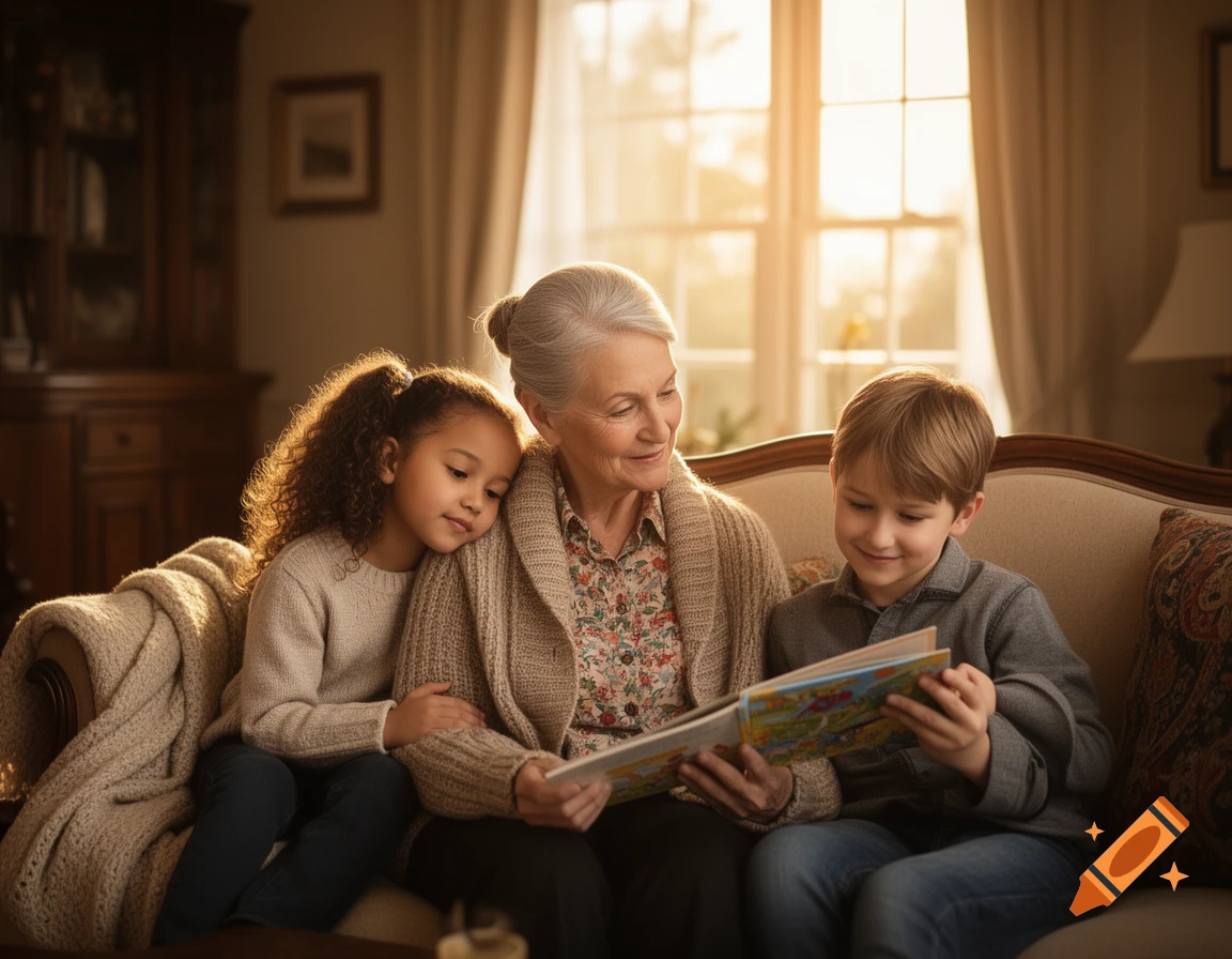 Photorealistic image of a grandmother reading a book to a young boy and girl on a sofa in a sunlit living room.