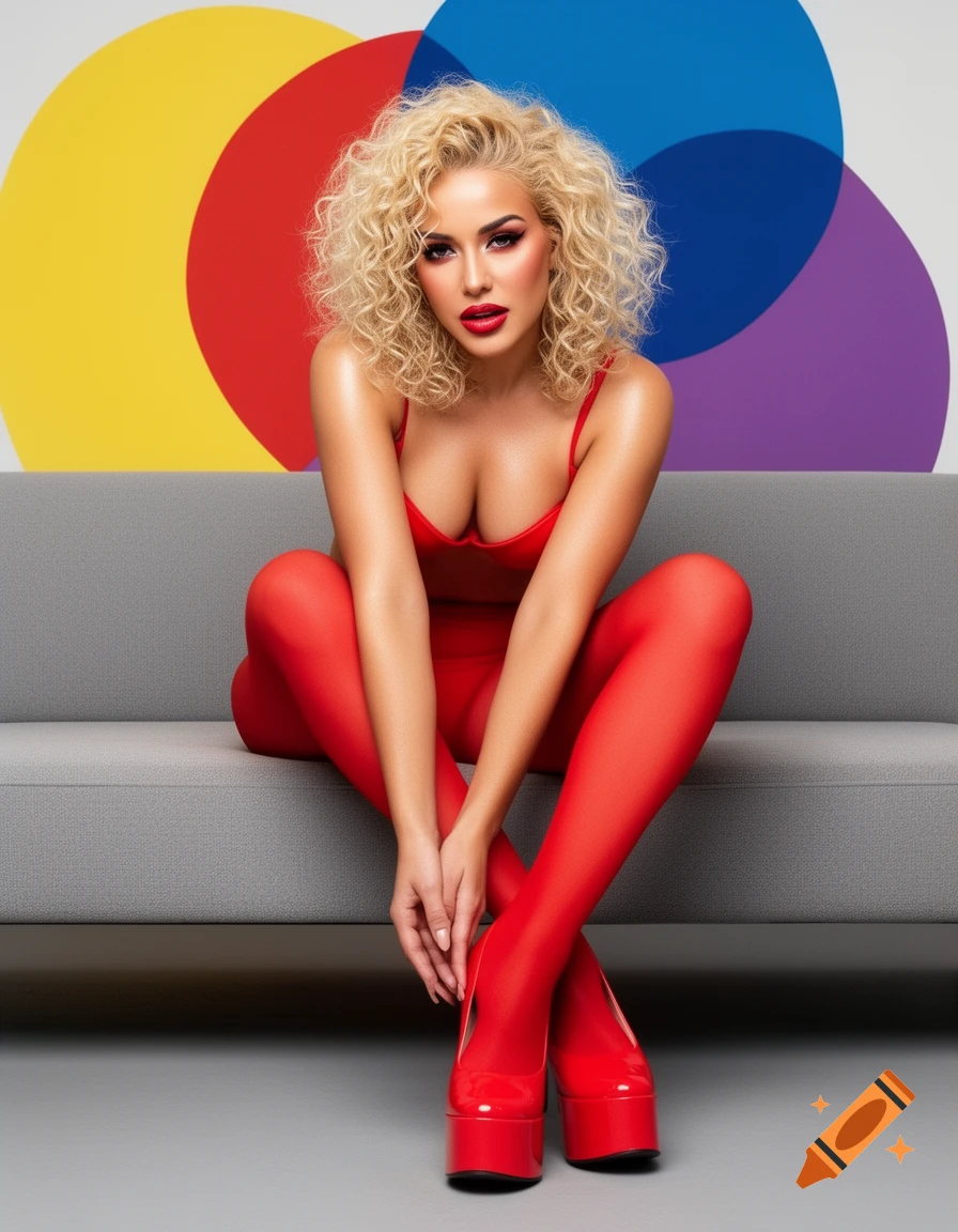 A blonde woman with curly hair poses on a gray sofa, wearing a red low-cut top, red tights, and red platform heels, against a colorful circular pop-art background.
