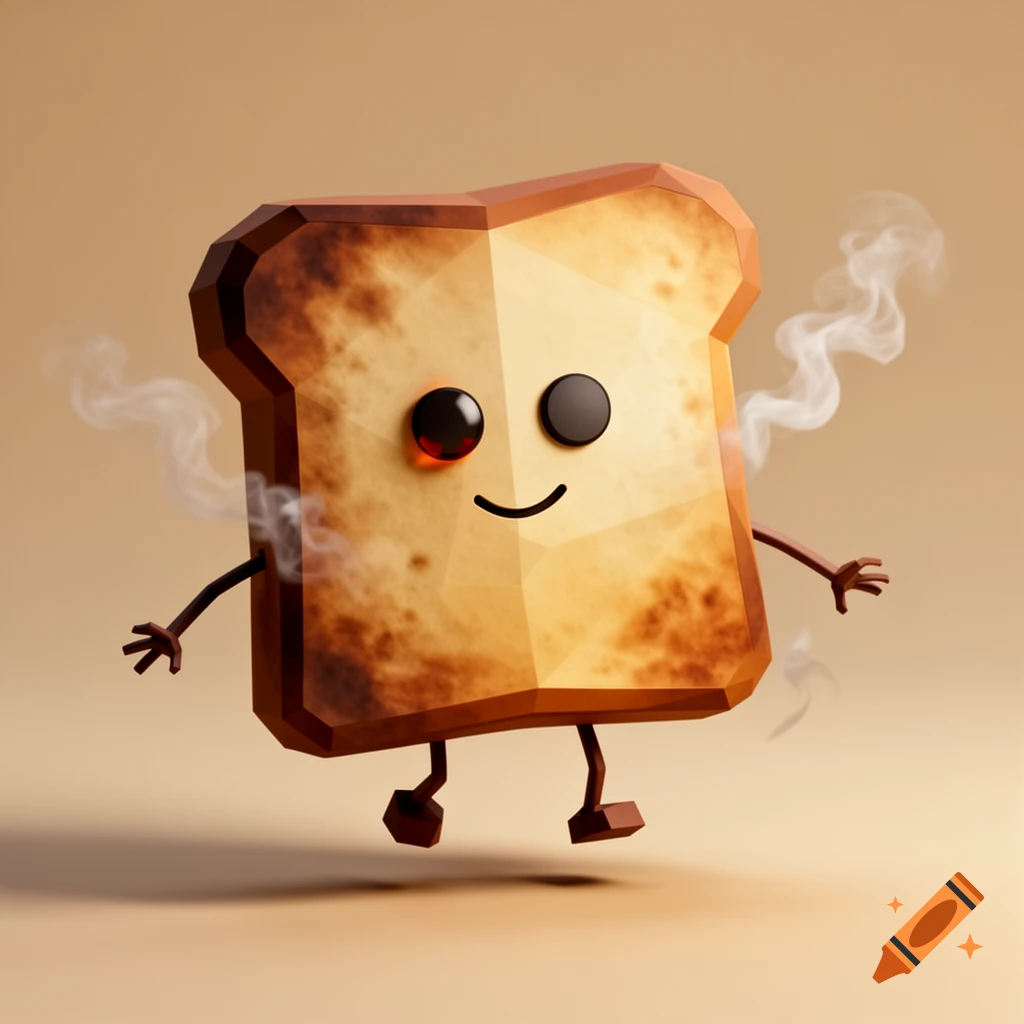 A smiling, low-poly cartoon toast character with small arms and legs, emitting smoke, stands on a light brown background.