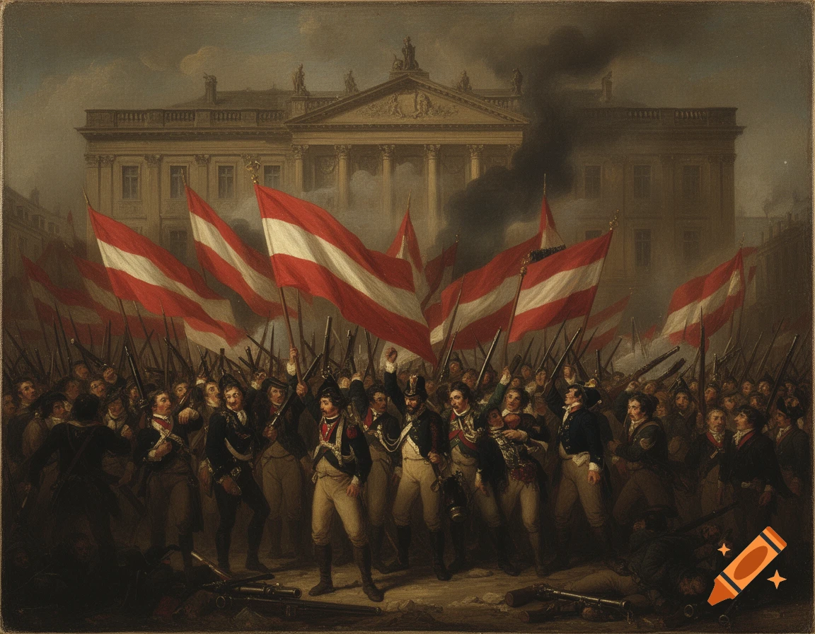 An 1850s-style oil painting depicts a crowded popular revolt scene, with insurgents holding rifles and red and white flags in front of a classical building billowing smoke.