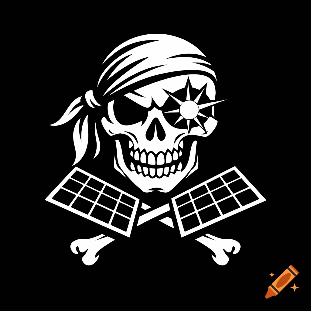 A white pirate skull wearing a bandana, with a sun for an eye patch and crossed solar panels below, on a black background. Vector logo.
