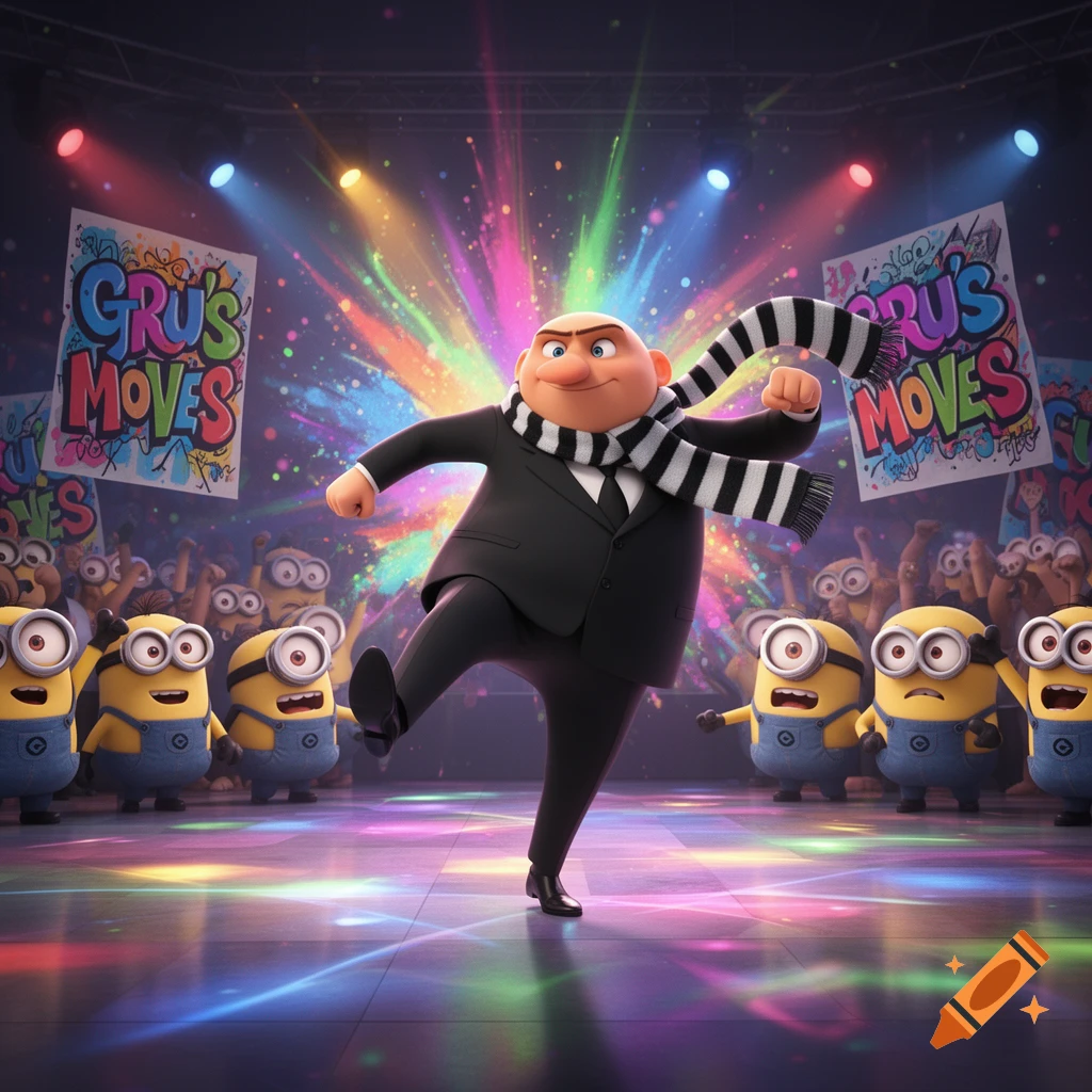 Gru in a black suit and striped scarf dances on a colorful stage surrounded by cheering Minions.