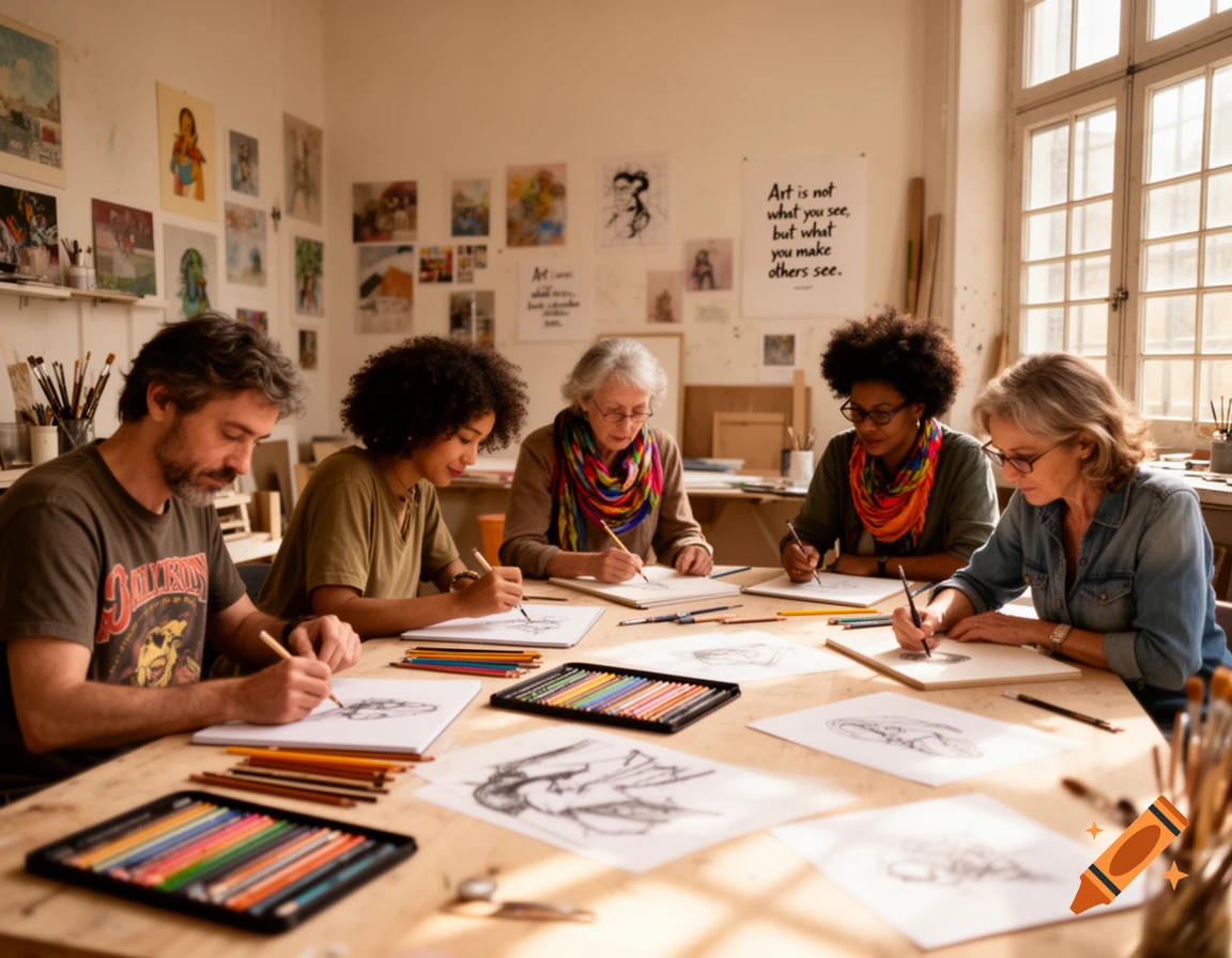 Five adults drawing with colored pencils and graphite in a sunlit art studio, with sketches and posters on the walls.