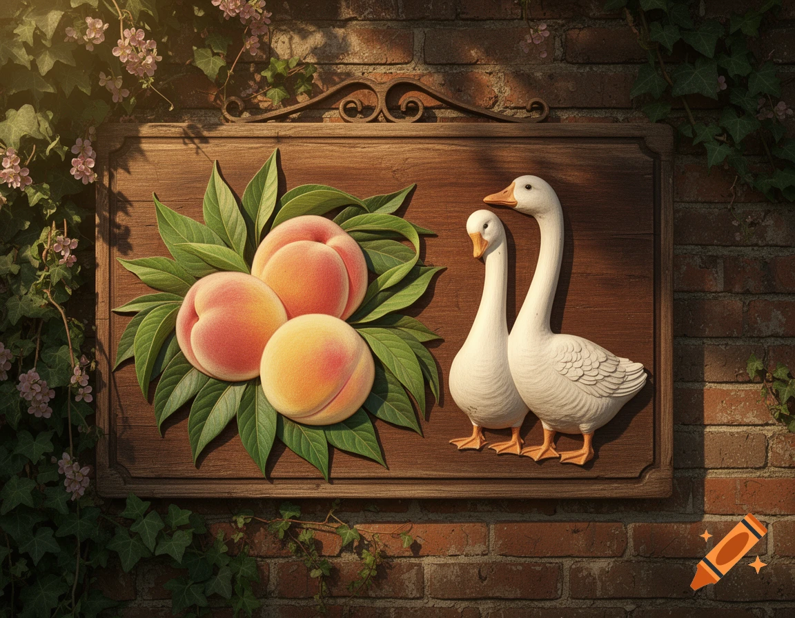Rustic wooden sign with carved peaches and two white geese, mounted on a brick wall with ivy and pink flowers.