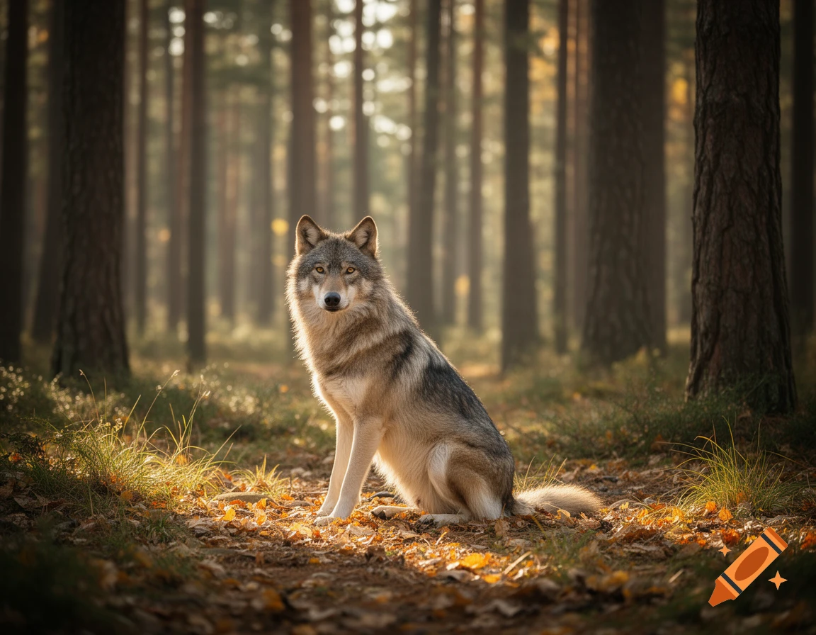 A majestic grey wolf sits calmly on a sunlit forest floor amidst autumn ...