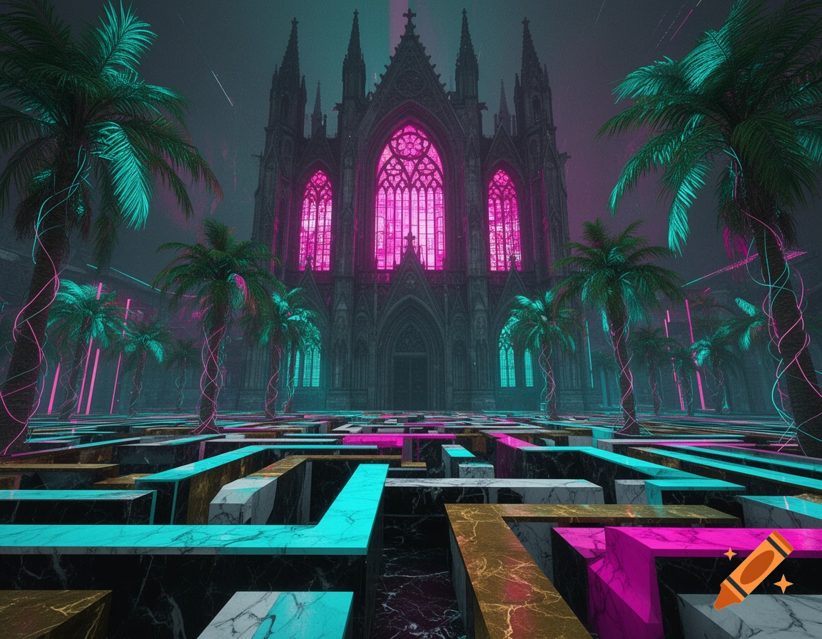 A dark gothic cathedral with neon pink windows towers over a vibrant marble maze and neon-accented palm trees in a synthwave style.